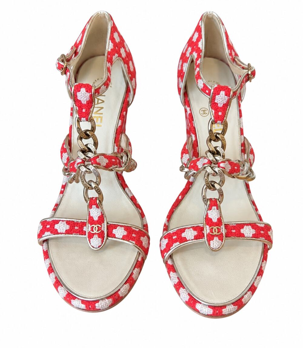 Chanel Vintage Red White Tweed Gold Chain CC T-Strap Block Heel Sandals 38.5